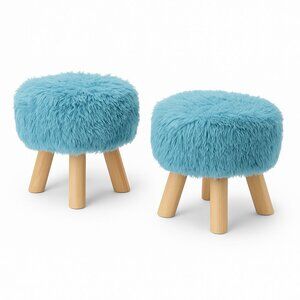 SET OF TWO LIGHT BLUE SHAGGY OTTOMONS